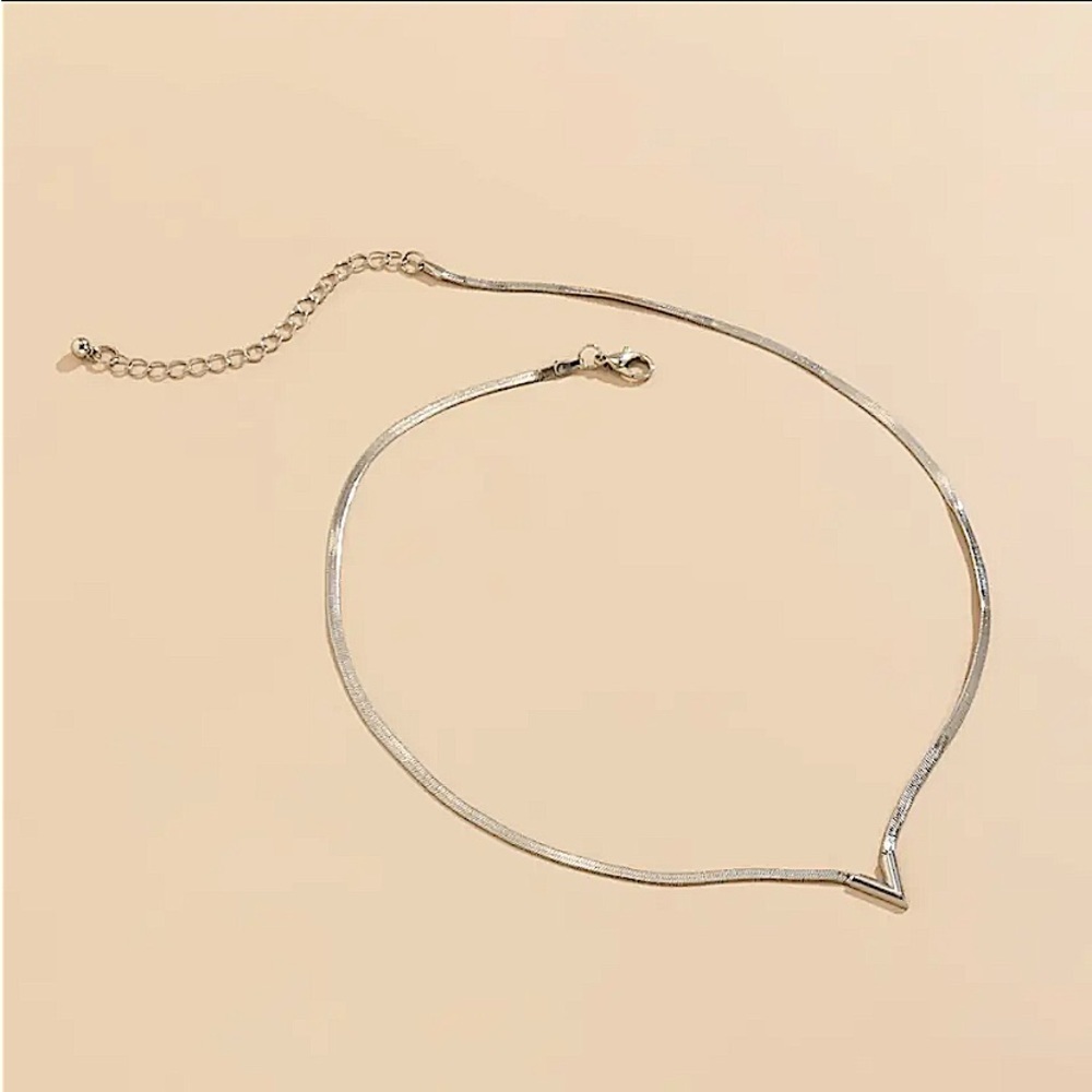 Sterling Silver V Shaped Necklace Flat Clavicle Herringbone Choker - Picture 7 of 8